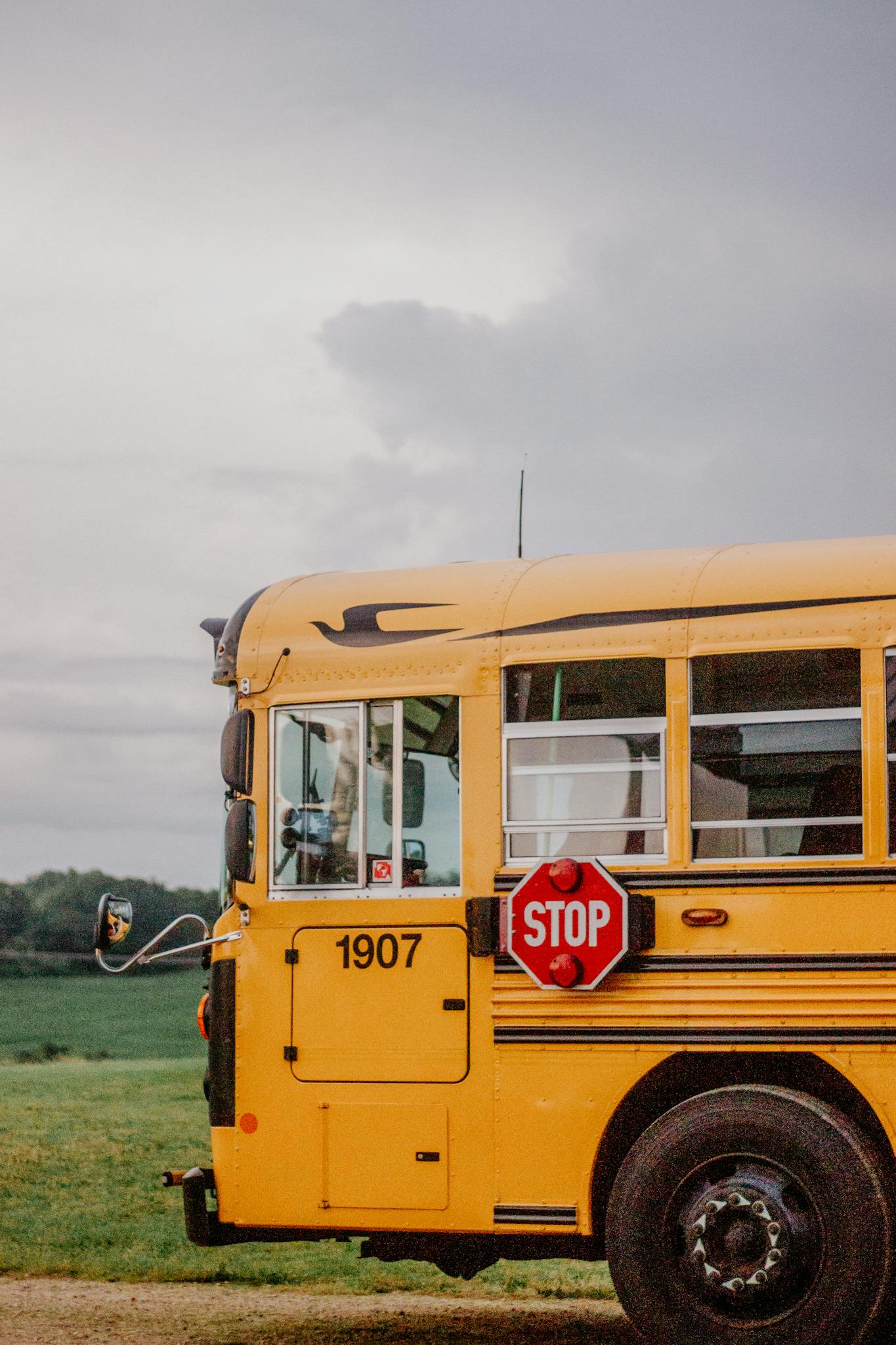 A bright yellow school bus parked in a scenic rural area of Pardeeville, Wisconsin.